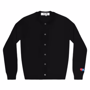 CDG PLAY Women’s Cardigan Invader Red Heart and Blue Emblem (Black)